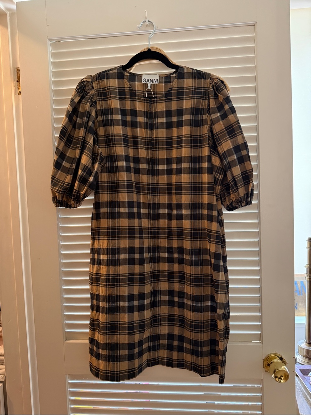 Ganni Plaid Shift Dress — Black & Tan Check